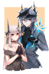 1boy 1girl :o absurdres arknights black_choker black_dress black_gloves black_horns black_shirt border breasts choker cleavage collarbone commentary_request cropped_torso dogs_(dlrkdejr26) dress earrings gloves grey_hair grey_jacket hair_between_eyes half_gloves highres holding horns jacket jewelry korean_commentary large_breasts logos_(arknights) long_hair long_sleeves magic mudrock_(arknights) nib_pen_(object) off-shoulder_dress off_shoulder outline outside_border parted_lips pen pointy_ears red_eyes shirt short_hair simple_background turtleneck turtleneck_shirt white_border white_outline yellow_background