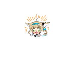 Rule 34 | 1girl, arknights, artist name, black gloves, blonde hair, blue bow, blue hairband, blush, bow, chibi, chibi only, commentary request, cropped torso, excited, gloves, green eyes, hair bow, hair rings, hairband, highres, looking at viewer, multicolored hair, nose blush, notice lines, open mouth, shirogoori, short hair, simple background, single glove, solo, streaked hair, suzuran (arknights), white background, white hair