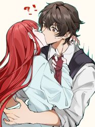 !? 1boy 1girl absurdres brown_eyes brown_hair closed_eyes clothes_grab collared_shirt dress_shirt fata_morgana_no_yakata hair_between_eyes hair_down hand_on_another&#039;s_neck hetero highres huixiaaa42305 jacopo_bearzatti kiss light_blush long_hair morgana_(fata_morgana_no_yakata) necktie red_hair red_necktie shirt simple_background sleeves_rolled_up surprise_kiss surprised sweatdrop white_background white_shirt wide-eyed