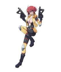 10s 1girl breasts cleavage full_body green_eyes gun heterochromia large_breasts monster_girl monster_musume_no_iru_nichijou monster_musume_no_iru_nichijou_online official_art red_hair short_hair weapon yellow_eye zombie zombina_(monster_musume)