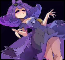 1girl :3 acerola_(pokemon) aged_up armlet bare_legs breasts collarbone covered_navel curvy dot_nose dress dutch_angle eyebrows eyelashes feet_out_of_frame female_focus from_below from_side hands_up jewelry kamuruchii looking_at_viewer looking_down looking_to_the_side matching_hair/eyes medium_hair nintendo pokemon pokemon_sm purple_background purple_dress purple_eyes purple_hair shaded_face short_sleeves simple_background small_breasts smile smug standing wide_hips
