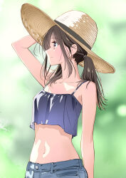 1girl arm_up blue_shorts blue_tank_top blurry blurry_background brown_hair collarbone denim denim_shorts hat looking_to_the_side midriff navel original ponytail shorts solo sun_hat tank_top yamanaka_kouji_(yanchiki2001)