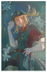 1boy absurdres beret closed_eyes earrings elf flower gensou_getsumen_rt hat highres jewelry link male_focus nintendo pointy_ears ponytail solo the_legend_of_zelda the_legend_of_zelda:_breath_of_the_wild triforce_print white_flower