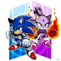 1boy 1girl alexiscreed blaze_the_cat blue_fur boots clenched_hands fire forehead_jewel fur-trimmed_footwear fur-trimmed_gloves fur_trim furry furry_female furry_male gloves green_eyes jacket pants pink_boots ponytail purple_fur purple_jacket red_footwear sonic_(series) sonic_rush sonic_the_hedgehog white_gloves white_pants yellow_eyes