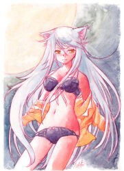 animal_ears bakemonogatari black_bra black_hanekawa black_panties bow bow_panties bra cat_ears closed_mouth frown full_moon hair_between_eyes hanekawa_tsubasa highres long_hair looking_at_viewer monogatari_(series) moon navel painting_(medium) panties sedeto shirt_down traditional_media underwear very_long_hair watercolor_(medium) white_hair