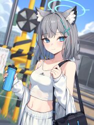 1girl absurdres alternate_costume animal_ear_fluff animal_ears bare_shoulders black_bag blue_archive blue_eyes blue_halo blush breasts closed_mouth commentary_request crop_top cup extra_ears grey_hair halo highres holding holding_cup holding_tumbler jacket long_hair medium_breasts midriff navel open_clothes open_jacket pants shiroko_(blue_archive) smile solo suumon tank_top white_background white_jacket white_pants white_tank_top wolf_ears wolf_girl