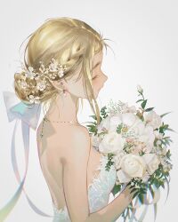 1girl backless_dress backless_outfit bare_arms bare_shoulders blonde_hair blush bouquet breasts closed_eyes dress earrings eyelashes flower from_behind from_side gold_necklace hair_bun hair_ribbon hair_up highres holding holding_bouquet jewelry kofune_ushio medium_breasts necklace pearl_earrings profile ribbon simple_background solo strapless strapless_dress summertime_render tidsean upper_body wedding_dress white_background white_dress white_flower white_ribbon