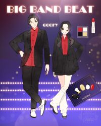 1boy 1girl black_hair character_name disneyland dual_persona english_text genderswap goofy highres looking_at_viewer meecosme mickey_mouse_&amp;_friends nail_polish open_mouth pants shirt short_hair shorts smile twintails