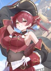 1girl absurdres ai_(u_e_o_o) ascot belt blue_sky breasts brown_belt commentary cropped_vest epaulettes gloves grin hand_on_own_hip hat heterochromia highres hololive houshou_marine houshou_marine_(1st_costume) jacket large_breasts leotard leotard_under_clothes mast off_shoulder pirate_hat pleated_skirt plume red_ascot red_eyes red_hair skirt sky smile solo twintails vest virtual_youtuber white_gloves yellow_eyes