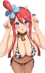 1girl :o animal_ears animal_print bell black_choker blue_eyes blush breasts choker cow_ears cow_horns cow_print cowboy_shot fake_animal_ears fake_horns hair_ornament hands_up highres horns horns_pose index_finger_raised large_breasts navel neck_bell nintendo one_side_up pokemon pokemon_bw red_hair sidelocks simple_background skyla_(pokemon) solo stomach surippa1010 white_background