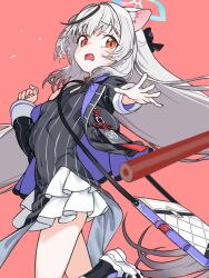 1girl animal_ear_fluff animal_ears bare_shoulders black_dress black_ribbon blue_archive blue_halo blush breasts china_dress chinese_clothes dress grey_hair haimura_kiyotaka hair_between_eyes halo highres jacket kokona_(blue_archive) long_hair long_sleeves multicolored_hair open_mouth orange_eyes red_background ribbon simple_background small_breasts solo striped_clothes striped_dress striped_jacket tiger_ears tiger_girl vertical-striped_clothes vertical-striped_dress vertical-striped_jacket very_long_hair