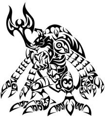 atlurkabuterimon bug claws crests_(digimon) digimon extra_arms horn no_eyes open_mouth sharp_teeth simple_background tattoo teeth tribal white_background
