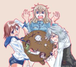 Rule 34 | 3girls, angry, artist request, blush, eila ilmatar juutilainen, food, green tea, military, military uniform, miyafuji yoshika, multiple girls, sanya v. litvyak, strike witches, table, table flip, tea, world witches series