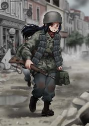 1girl 1other absurdres ammunition ammunition_box black_footwear black_hair black_pants blurry blurry_background boots camouflage camouflage_jacket city combat_helmet commission explosive full_body german_army gewehr_43 green_jacket grenade grey_sky gun helmet highres holding holding_gun holding_weapon jacket long_hair long_sleeves looking_at_viewer mardjan military military_combat_uniform military_uniform open_mouth original outdoors pants paratrooper red_eyes red_scarf rifle scarf sky weapon world_war_ii