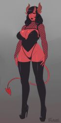 1girl black_lips black_panties boots borrowed_character breasts bridal_gauntlets bustier cameltoe colored_skin demon_girl demon_tail female_focus fishnets full_body high_heel_boots high_heels highleg highleg_panties highres horns large_breasts lips lipstick live_for_the_funk long_hair long_legs makeup myserra original panties pink_eyes platform_boots platform_footwear platform_heels pointy_ears red_skin solo stiletto_heels tail the_succubus_sub thick_lips thigh_boots thighhighs underwear