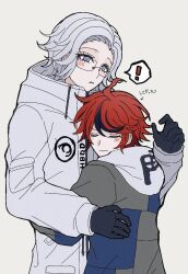 ! 2boys ahoge aotsuki_eito black_gloves black_hair blue_hoodie blush coat commentary_request earrings flipped_hair glasses gloves grey_hoodie high_collar hood hoodie hug jewelry male_focus multicolored_hair multiple_boys purple_eyes red_hair shi_gu_(sigu_69) short_hair smile spoken_exclamation_mark streaked_hair sumino_takumi surprised the_hundred_line_-last_defense_academy- two-tone_hoodie white_coat white_hair yaoi