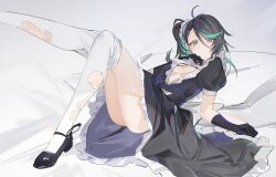 1girl absurdres ahoge black_dress black_gloves black_hair black_shoes breasts closed_mouth commentary dress elbow_gloves flantia frilled_dress frills gloves green_hair hair_between_eyes hair_ornament highres loafers looking_at_viewer lying multicolored_hair on_back on_bed original pillow purple_eyes shoes short_sleeves side_ponytail simple_background small_breasts solo thighhighs torn_clothes torn_thighhighs two-tone_hair white_background white_thighhighs