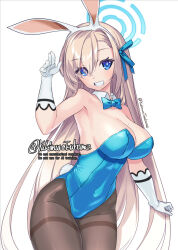 1girl animal_ear_hairband animal_ears asuna_(blue_archive) asuna_(bunny)_(blue_archive) black_pantyhose blonde_hair blue_archive blue_bow blue_bowtie blue_eyes blue_halo blue_leotard bow bowtie breasts cowboy_shot detached_collar fake_animal_ears gloves grin hairband halo highres large_breasts leotard long_hair looking_at_viewer mole mole_on_breast official_alternate_costume pantyhose playboy_bunny rabbit_ears rabbit_tail simple_background smile solo standing strapless strapless_leotard tail thighband_pantyhose traditional_bowtie twitter_username white_background white_gloves yukimura_tsubame