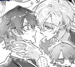 ... 2boys chibi chibi_inset greyscale hair_between_eyes looking_at_another male_focus monochrome multiple_boys original qyzhiaiyisheng short_hair sketch sparkle spoken_ellipsis yaoi