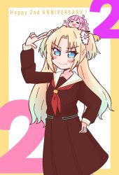 2girls :d =_= amado_(amaddo_club) anyoji_hime blonde_hair blue_eyes blue_hair blush border brown_dress closed_mouth cowboy_shot curtained_hair double_v dress fang fang_out flower hair_flower hair_ornament hand_on_own_hip hasu_no_sora_school_uniform highres link!_like!_love_live! long_hair long_sleeves looking_at_viewer love_live! medium_dress mini_person minigirl mira-cra_park! multi-tied_hair multiple_girls neckerchief on_head open_mouth osawa_rurino outside_border parted_bangs person_on_head pink_flower pink_hair pleated_dress red_neckerchief sailor_collar sailor_dress school_uniform simple_background skin_fang smile split_mouth twintails two_side_up v v-shaped_eyebrows virtual_youtuber w w_over_head white_background white_sailor_collar winter_uniform yellow_border