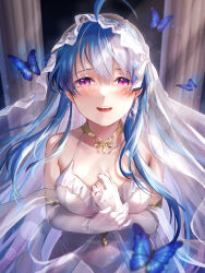 1girl absurdres ahoge azur_lane blue_butterfly blue_hair bracelet breasts bridal_veil bug butterfly cleavage crying dress elbow_gloves gloves happy_tears helena_(azur_lane) helena_(miracle_in_white)_(azur_lane) highres insect jewelry kurono_hyouka long_hair looking_at_viewer official_alternate_costume purple_eyes ring smile tears upper_body veil wedding_dress wedding_ring