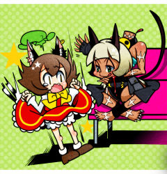 2girls :q animal_ears aqua_eyes barefoot bleeding blonde_hair blood bloomers blush bob_cut bow brown_hair cat_ears cat_tail chen claws couch crossover detachable_head disembodied_head dress ear_piercing earrings fang frilled_skirt frills green_eyes hat unworn_hat headless unworn_headwear indian_style jewelry lab_zero_games ms._fortune_(skullgirls) multiple_girls multiple_tails open_mouth piercing polka_dot polka_dot_background red_dress scar severed_head shirt short_hair sitting skirt skullgirls smile star_(symbol) tail takamoto_akisa tongue tongue_out touhou underwear waving wavy_mouth white_hair yellow_eyes