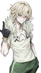 Rule 34 | 1boy, alternate costume, arm up, aventurine (honkai: star rail), black gloves, blonde hair, blush, bracelet, closed mouth, collarbone, commentary request, cowboy shot, crew neck, crossed bangs, curtained hair, earrings, gloves, green pants, hand in pocket, highres, honkai: star rail, honkai (series), index finger raised, jewelry, looking at viewer, male focus, multicolored eyes, pants, piercing, pointing, print shirt, shirt, short hair, short sleeves, simple background, single earring, single vertical stripe, slit pupils, smile, solo, standing, striped clothes, striped pants, vertical-striped clothes, vertical-striped pants, white background, white fur, xo 5ss