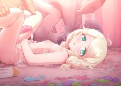 2boys 2girls absurdres blonde_hair blush breasts completely_nude condom condom_on_penis cum cum_on_body green_eyes group_sex hetero highres idolmaster idolmaster_cinderella_girls loli long_hair looking_at_viewer lube lying missionary multiple_boys multiple_girls nipples nude on_back open_mouth orgy penis pussy sex small_breasts solo solo_focus spread_legs tomawarinosuizou used_condom vaginal yusa_kozue