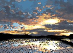 cloud cloudy_sky field glowing highres hisachan55cute mountainous_horizon no_humans original pixel_art reflection reflective_water rice_paddy scenery sky sunrise