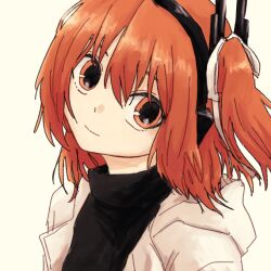 1girl a.i._voice adachi_rei black_shirt closed_mouth flat_chest hair_between_eyes hair_ribbon headphones img_bk jacket light_smile open_clothes open_jacket orange_hair radio_antenna ribbon shirt side_ponytail simple_background solo upper_body utau white_background white_jacket white_ribbon