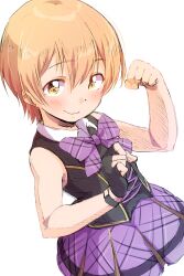1girl arm_up black_gloves black_shirt blush bow bowtie closed_mouth fingerless_gloves gloves highres hoshizora_rin looking_at_viewer love_live! love_live!_school_idol_project orange_hair plaid_bow plaid_bowtie plaid_clothes plaid_skirt purple_bow purple_bowtie purple_skirt sen_(sen0910) shirt short_hair simple_background single_fingerless_glove skirt sleeveless sleeveless_shirt smile solo white_background yellow_eyes