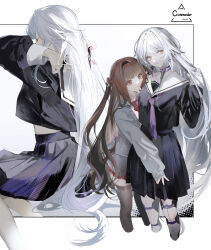 2girls absurdres antoneva black_hairband black_pantyhose black_serafuku black_shirt black_skirt brown_eyes brown_hair choker female_commander_(forever_7th_capital) forever_7th_capital grey_jacket hairband highres hug jacket long_hair multiple_girls necktie pantyhose pleated_skirt purple_choker purple_necktie rrrr_222 sailor_collar school_uniform serafuku shirt skirt smile very_long_hair white_hair white_sailor_collar yellow_eyes