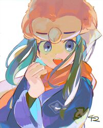 1girl akari_(pokemon) black_hair eyelashes galaxy_expedition_team_survey_corps_uniform gen_7_pokemon grey_eyes headscarf jacket long_hair nintendo open_mouth pokemon pokemon_(creature) pokemon_legends:_arceus red_scarf rowlet scarf senzzang shirt sidelocks smile upper_body white_headscarf