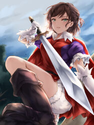 1girl belt black_belt blue_sky boots brown_boots cape cloud commentary_request day gloves green_eyes highres kei_(asufend) knee_boots looking_at_viewer melisandre_(unicorn_overlord) outdoors puffy_short_sleeves puffy_sleeves red_cape short_hair short_sleeves shorts sky smile solo tree unicorn_overlord white_gloves white_shorts