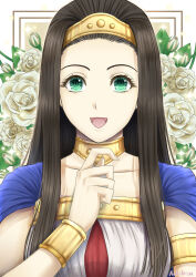 1girl :d aoki_arisa armlet blue_cape border bracelet brown_hair cape choker commentary_request dragon_quest dragon_quest_viii dress flower gold_armlet gold_bracelet gold_choker gold_tiara green_eyes hair_pulled_back jewelry long_hair looking_at_viewer medea_(dq8) multicolored_dress open_mouth princess red_dress rose smile solo tiara upper_body white_border white_dress white_flower white_rose