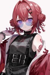 Rule 34 | 1girl, ange katrina, bare shoulders, black shirt, chain, chain bracelet, closed mouth, commentary, double bun, hair bun, hair ornament, hand up, highres, jacket, looking at viewer, myon rio, nijisanji, off shoulder, open clothes, open jacket, purple eyes, red hair, red jacket, shirt, short hair, simple background, sleeveless, sleeveless shirt, solo, sunglasses, symbol-only commentary, upper body, virtual youtuber, white background, x hair ornament