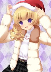 Rule 34 | 1girl, absurdres, bad id, bad twitter id, battle girl high school, blonde hair, drill hair, female focus, hat, highres, jacket, jewelry, long hair, looking at viewer, necklace, open clothes, open jacket, purple eyes, santa hat, sendouin kaede, smile, solo, yuririn poi