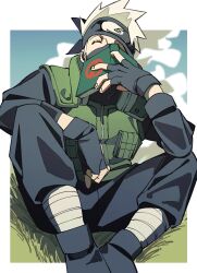 1boy black_gloves black_pants black_shirt book closed_eyes facing_viewer fingerless_gloves forehead_protector gloves grass green_vest grey_hair hatake_kakashi highres holding holding_book konohagakure_shinobi_uniform konohagakure_symbol long_sleeves male_focus mask mouth_mask naruto_(classic) naruto_(series) on_grass one_eye_covered open_book pants pnpk_1013 shirt sitting solo vest