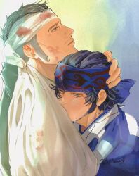 Rule 34 | 2boys, absurdres, arm sling, bandaged head, bandages, black hair, blood, bloody bandages, blue eyes, commentary request, golden kamuy, grey hair, hair slicked back, hand on another&#039;s head, head back, highres, injury, kadokura (golden kamuy), kirawus (golden kamuy), looking up, male focus, mohawk, multiple boys, parted lips, robe, sideburns, thisis heavenw7, yaoi