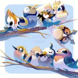 bird blinking_inside_eyes blue_eyes border branch brown_eyes closed_eyes closed_mouth colored_sclera commentary_request corviknight creatures_(company) cuddling dated fletchinder game_freak gen_1_pokemon gen_2_pokemon gen_3_pokemon gen_4_pokemon gen_5_pokemon gen_6_pokemon gen_7_pokemon gen_8_pokemon green_eyes highres hoothoot nintendo open_mouth perching pidgey pidove pikipek pokemon pokemon_(creature) red_eyes red_sclera signature simple_background starly swellow wattrel white_border youcing