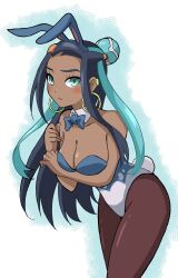 1girl animal_ears bare_shoulders black_hair blue_bow blue_bowtie blue_eyes blue_hair blue_leotard blush bow bowtie breasts brown_pantyhose cleavage closed_mouth collar dark-skinned_female dark_skin detached_collar earrings emapippi hair_bun highres hoop_earrings jewelry leotard long_hair looking_at_viewer medium_breasts multicolored_hair nessa_(pokemon) nintendo pantyhose playboy_bunny pokemon pokemon_swsh rabbit_ears rabbit_tail single_hair_bun solo tail two-tone_hair