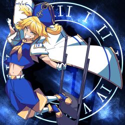 anchor_symbol belt belt_buckle blonde_hair blue_hat blue_shirt blue_shorts buckle cape chair folding_chair gloves hat highres jongk_ok kitashirakawa_chiyuri looking_at_viewer midriff navel neckerchief redesign roman_numeral sailor shirt shorts smile socks touhou touhou_(pc-98) twintails white_belt white_cape white_gloves white_socks yellow_eyes yellow_neckerchief