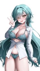 1girl absurdres blush bra breasts commission green_bra green_panties hair_ornament hairclip highres large_breasts looking_at_viewer navel open_mouth original panties partially_unbuttoned pixiv_commission shirt simple_background siru smile solo underwear v white_background white_shirt yellow_eyes