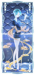 1other :o androgynous aqua_eyes aqua_hair az_rei bare_legs belt belt_buckle black_necktie black_shirt black_shoes black_shorts border buckle chain-link_fence collared_shirt expressionless fence flower full_body gem_uniform_(houseki_no_kuni) high_collar high_heels highres houseki_no_kuni knees lake layered_shirt lily_pad lotus necktie night night_sky other_focus outdoors parted_bangs parted_lips phosphophyllite phosphophyllite_(ll) puffy_short_sleeves puffy_sleeves pumps shirt shoes short_hair short_shorts short_sleeves shorts sky slime_(substance) snow snowing solo spoilers standing v-neck white_belt white_border white_shirt winter
