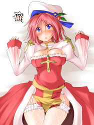 !? 1girl arch_bishop_(ragnarok_online) areola_slip blue_flower blush breasts cleavage cleavage_cutout clothing_cutout commentary_request cowboy_shot cross dress fishnet_thighhighs fishnets flower frilled_dress frilled_thighhighs frills hat hat_flower hat_ornament juliet_sleeves kaminagi_(kaminagi-tei) large_breasts leaf_hat_ornament long_sleeves lying on_back open_mouth pelvic_curtain pink_hair puffy_sleeves push_down ragnarok_online red_dress red_flower sash short_hair solo tam_(ragnarok_online) thighhighs two-tone_dress white_dress white_hat white_thighhighs yellow_sash