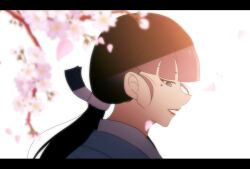 1girl black_hair blue_eyes blunt_bangs blurry depth_of_field falling_petals from_side japanese_clothes kimono long_hair low_ponytail meitantei_conan mole mole_under_eye parted_lips petals pink_petals ponytail s_n_sb_4869 solo white_background yoshinaga_miko