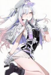 Rule 34 | 1girl, bare shoulders, black boots, boots, breasts, bubu2kufo, character request, copyright request, grey hair, high heel boots, high heels, highres, long hair, looking at viewer, purple eyes, shirt, side ponytail, simple background, small breasts, smile, solo, thighs, white background, white shirt