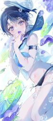 1girl aqua_nails armband beret bikini bikini_bottom_only blue_hair cowboy_shot cropped_shirt flower food from_side fruit hat highres leaning_forward lemon miwano_rag navel neckerchief original petal_in_mouth purple_eyes purple_flower sailor_collar sailor_shirt shirt short_hair sleeveless sleeveless_shirt solo standing swimsuit w_arms water_drop