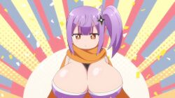 1girl animated anime_screenshot bare_shoulders bouncing_breasts breast_lift breasts cleavage closed_eyes elbow_gloves gloves hair_ornament highres huge_breasts japanese_clothes kimono kusagakure_satoko long_hair ninja_to_koroshiya_no_futarigurashi orange_scarf purple_hair purple_kimono sash scarf shuriken_hair_ornament side_ponytail sleeveless sleeveless_kimono smile sound tagme video wrist_guards