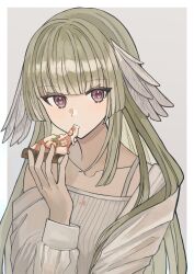 Rule 34 | 1girl, arknights, bare shoulders, collarbone, commentary, food, green hair, grey background, highres, holding, holding food, long hair, long sleeves, looking at viewer, pizza, pizza slice, poncirus (arknights), purple eyes, simple background, solo, symbol-only commentary, udo (akn otk), upper body
